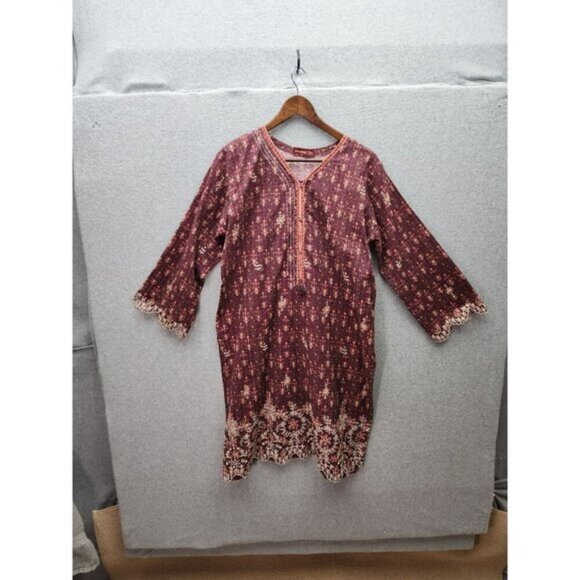 Maroon Ethnic Kurta With Embroidered Details 3/4 Sleeves Size 16 Bin Saeed - Picture 1 of 4